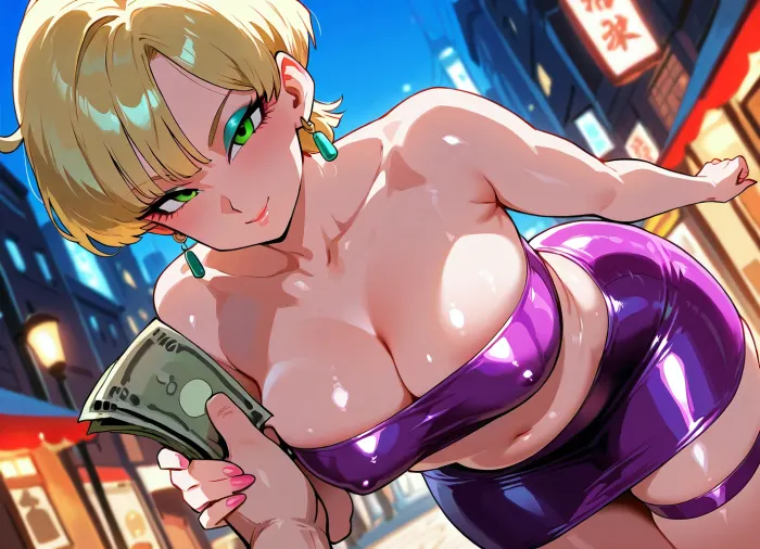 score_9, score_8_up, score_7_up, score_6_up, Erasa from Dragon ball is a prostitute in a city street corner at night
seductive face expression, provocative face, big round boobs, (perfect detailed eyes), Looking down, hd, eyeliner, pink gloss, small breasts, erasa_aiwaifu, aiwaifu, eyebrows, Erasa walks towards the viewer, Erasa wears a tight and shiny latex very short purple low waist mini skirt, purple latex garter, (naked belly), Erasa grab one breast with left hand, (tight latex purple tube top), high heels, ((cleavage)), POV, ((Erasa grab money from the viewer's hand)), style, of, akira, toriyama, <lora:toriy4m4_v4-000007:.8>