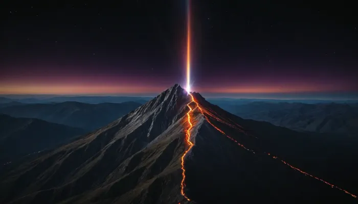 black background, mountain is illuminated from above by a beam of many colors