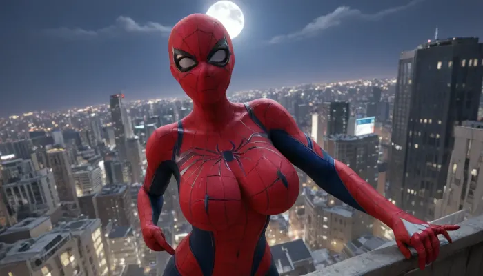 spidergirl, (big breast:1.4), (spiderman full mask:1.5), rooftop, modern city, night, spiderman fucking spidergirl, full moon, spiderman, ps4, spider, web, printing, red, bodysuit, <lora:d0429b4d-4b02-4aad-b9e8-d20d30298f9f (1):.8>
