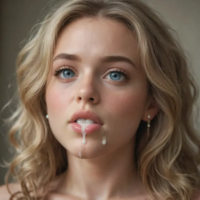 Realistic female, (pores:1.8), sweet face, big eyes, small face, deep looking, (puffy mouth:1.5), (cum dripping mouth:1.4), show nipple, blonde wavy hair