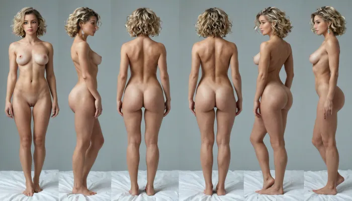 Woman, 25 years old, blonde, nice ass, ample boobs, fit, nude, multiple, views, of, the, same, character, model, sheet, <lora:Model_Sheet_Xl:1>