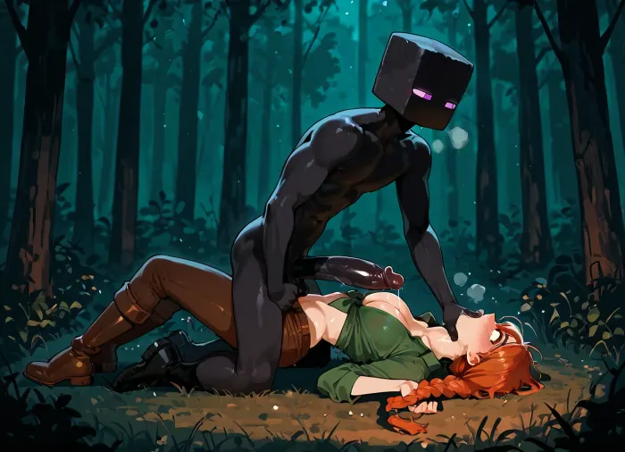 Alex from Minecraft bending over giving a deep throat blowjob to a Enderman from Minecraft in the woods at night.

Alex is a young woman, green work shirt, brown work pants, brown work boots, braided ginger hair, green anime eyes, surprised face, hyper dick shoved down throat, venus body, fit, throat bulge.

Enderman, naked monster, tall, skinny, black skin, hyper thick black erection halfway in mouth, grabbing hair.


Side blowjob, Side view, full body view, minecraft forest at night, moody dark lighting, midnight, moonlight.

mmalex, orange, hair, green, eyes, <lora:Alex_Moja:1>