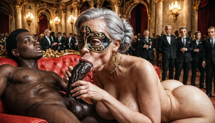 ((on a vintage sofa, A submissive masked gilf give a blowjob, in public, to a standing african man)), age difference, handjob, curves, old sagging breast, hold a breast, Doe eyes, make up, big butt, arched, round butt, monster cock, Veins, big mouth, big testicles, Rococo salon, Versailles palace, high society, other society, Venetian mask.. Smoky atmosphere, dim lighting, Dim light, dimness, Silver hair. saliva thread. Sloppy, Drool, strand of saliva. Submissive, naked crowd, On a leash.