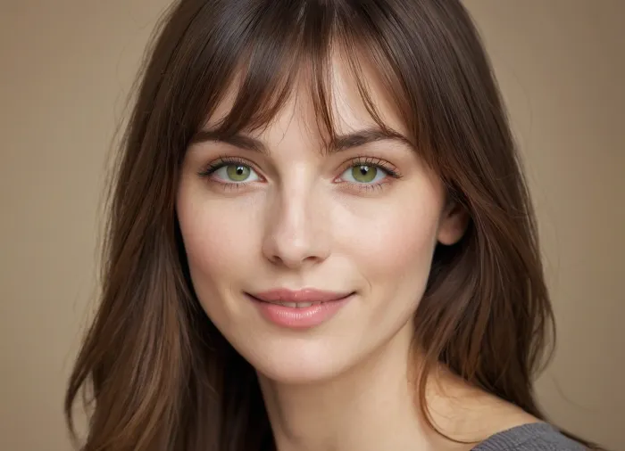 Professional portrait photograph of a beautiful skinny russian woman in her 40s, medium-length straight dark brown hair with full straight-cut bangs, striking light green hazel eyes, fair porcelain skin with natural flush, oval face shape, thin narrow face, narrow long nose, feint small amount of freckles across nose, thin narrow lips, caucasian face type, warm genuine smile showing white teeth, long natural eyelashes, delicate facial features, natural makeup look, soft natural lighting, studio portrait, photorealistic, highly detailed skin texture, sharp focus on eyes, 85mm lens, f/2.8, professional photography, ultra realistic, 8k quality, detailed irises, natural skin pores visible, candid friendly expression
