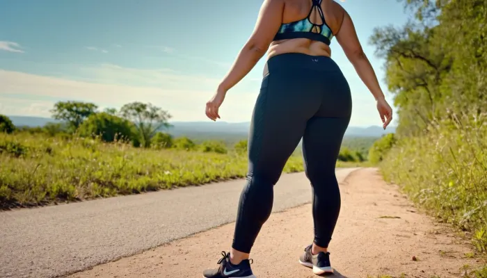 Fat, chubby, black yoga pants with tie dye pattern and matching sports bra, matching running shoes, jogging, sweaty, bleach blonde, high ponytail, sweating, muffin top, fat butt, running.