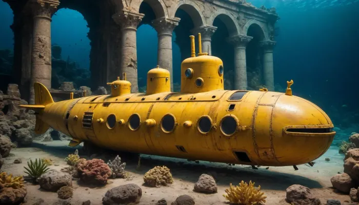 A yellow research submarine dives along the seabed between Greek ruins. Its headlights are on. There are sea creatures everywhere. Plants grow on the seabed and on the ruins.