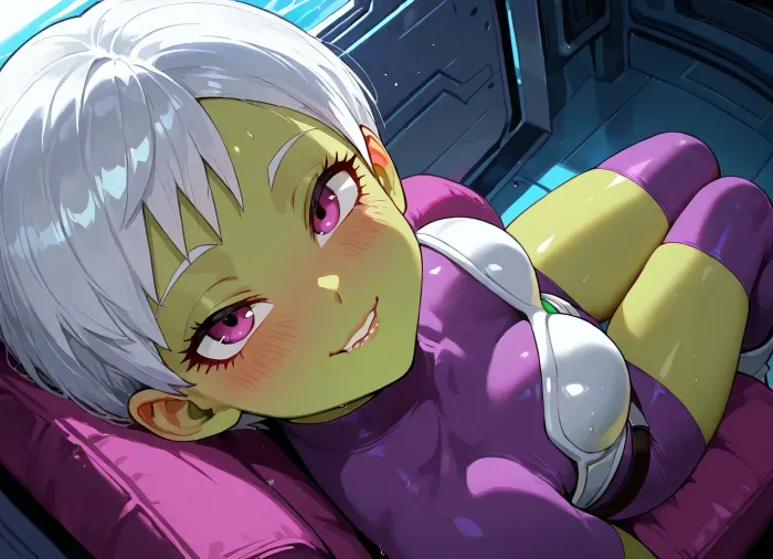 Cheelai from Dragon Ball Super on knees looking up. Short white hair, green skin, pink anime eyes, purple suit and white armor, short and petite, smile, looking up, blushing, biting lip, above view, inside scifi ship cabin, 1girl, fit tone body, crisp lighting, HD graphics.