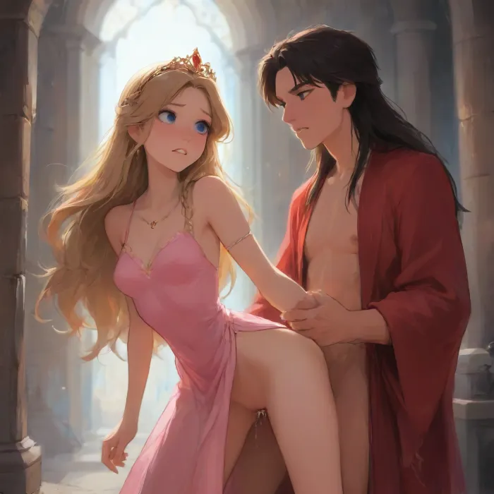 18 year old princess, long blond hair, tiara, pink dress, in her castle, fucked by a foreign prince, big blue eyes, skinny, clenched teeth, sex, high quality, highres, creampie, vaginal, standing sex, ((empty eyes)), (j_cartoon:1.5), Drawing, <lora:samdoesarts1.1-000030:.4>, <lora:J_cartoon:.8>, <lora:Animated_Concept:.4>