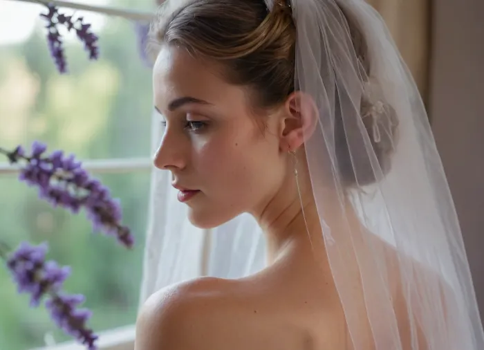 a French bride as she takes moment to calm her nerves, nude, veil over her face, window, (lavender), (close-up:1.1), muted pastel tones, haze of a hot summer evening, rear-view, (in the style of a candid photo:.8), <lora:Midjourney Image Enhancer XL v1:.5>