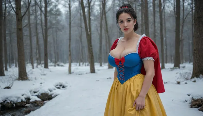 disney princess snow white, from snow white and the seven dwarfs, tight, german supermodel modeling in the victoria secret show, snow whites light brown eyes, huge tender doe eyes, ultra large eyeballs, ultra long thick eyelashes, ultra high details, looking at the viewer, snow whites long black hair, blue and red snow white dress, yellow skirt, huge cleavage, super long straight black hair with black bangs and highlights, huge red head bun, snow white jewelry, snow white accessories, hinata, snow white perfect body, extra perfect full body tanned skin, super wet shiny skin dynamic pose, huge oiled skin, excessively oiled whole body, super waist, perfect rounded butt, perfect rounded huge breasts, perfect tits, impeccable aesthetics, boobs popping out, boobs sticking out, award winning photo, octane hdr rendering, best lighting, bow, forest