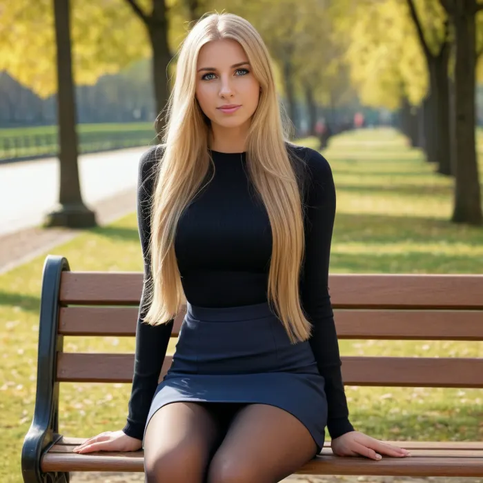 (high quality photographie), (detailed eyes), (detailed skin), (ultra sharp), one only beautiful tall 25yo woman, long blonde hair, very straight hair, in mini skirt, black pantyhose, blouse heels, on a sunny day sitting on a park bench in the park and showes hier long beautiful leges, no makeup, soft smile, full body view