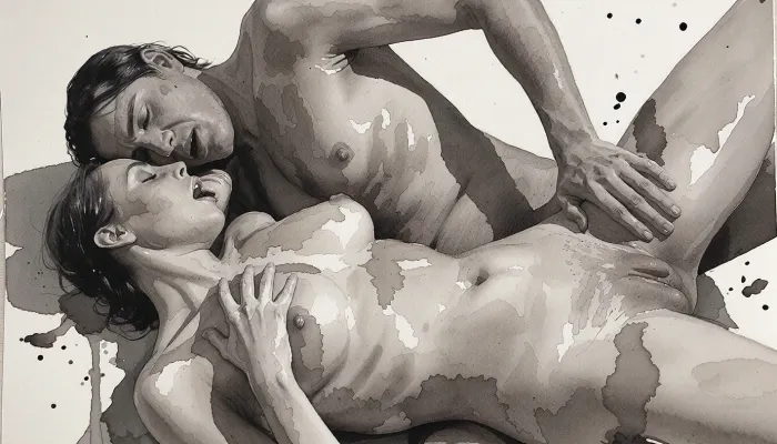 monochrome figurative watercolor painting on textured white cold pressed paper, intimate close cropped composition of two clearly adult human figures, busty woman, 28 years old, and, a man, 32 years old, intertwined at extremely close range, bodies filling almost the entire vertical frame, unusual overhead and slightly oblique viewpoint, almost no environmental context, the composition built from overlapping torsos, shoulders, arms, hands and bent legs, one adult figure occupying the lower half of the image while the second figure enters strongly from the upper edge, faces largely outside the crop or obscured by the compressed arrangement, intimate physical proximity expressed through overlapping anatomy rather than explicit action, loose gestural anatomy with recognizable human proportions but deliberately unfinished contours, black watercolor and diluted India ink only, broad transparent gray washes, soft bleeding edges, irregular pools of pigment, granulation, blooms, backruns and visible water stains, darkest charcoal gray concentrated around overlapping limbs and deep anatomical shadows, large areas of untouched white paper functioning as highlights, almost no hard outlines, forms emerging from tonal masses, wet on wet transitions beside occasional dry brush accents, hands and fingers loosely indicated rather than meticulously rendered, spontaneous expressive brushwork, slightly distorted perspective characteristic of observational life drawing, strong contrast between pale skin shaped by diluted washes and dense near black shadow passages, subtle paper fibers visible throughout, handmade imperfect quality, contemporary expressive nude figure study, restrained museum sketchbook aesthetic, vertical portrait format, approximately 3 to 4 aspect ratio, no background objects, no decorative elements, every mark focused on gesture, weight, overlapping bodies and tonal rhythm