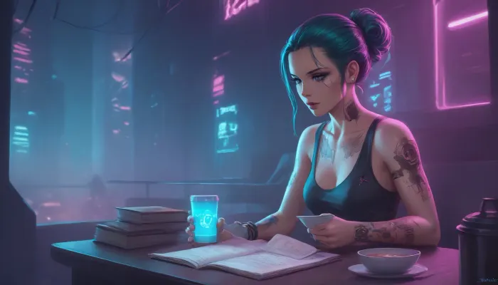 the neon glow of a cyberpunk metropolis, a stunning girl, she has cybernetic implants and glowing tattoos, slowly sipping a cup of coffee, she is wearing a tank top that reveals some of her breasts, while reading a paper book, (she looks away from the book and out the window to the streets outside which are bathed in pink and turquoise holographic lights), where flying drones and digital ads fill the backdrop, Her eyes, reflecting the neon light, are full of both strength and tenderness, zavy-cbrpnk, faceplate, <lora:attractive_notrigger:2>, <lora:RMSDXL_Enhance:2>, <lora:EnvyCozyCyberpunkXL01:2>, <lora:Halcyon Cyberpunk Style:2>, <lora:zavy-cbrpnk-sdxl:2>