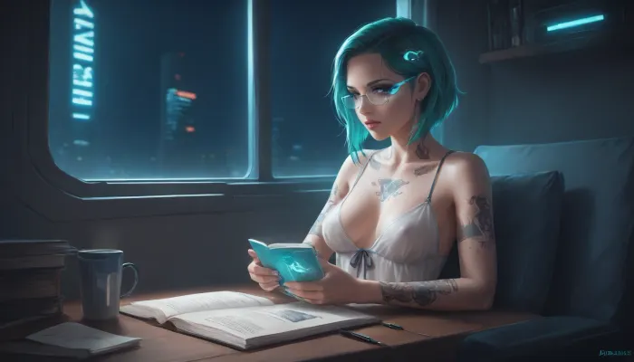 the neon glow of a cyberpunk metropolis, a stunning girl, she has cybernetic implants and glowing tattoos, slowly sipping a cup of coffee, she is wearing a see-through negligee that reveals some of her breasts, while reading a paper book, (she looks away from the book and out the window to the streets outside which are bathed in pink and turquoise holographic lights), where flying drones and digital ads fill the backdrop, Her eyes, reflecting the neon light, are full of both strength and tenderness, cyberpunk, glasses, led, <lora:attractive_notrigger:2>, <lora:RMSDXL_Enhance:2>, <lora:Halcyon Cyberpunk Style:2>, <lora:Cyberpunk_Glasses_-_SDXL:2>, <lora:augs:2>