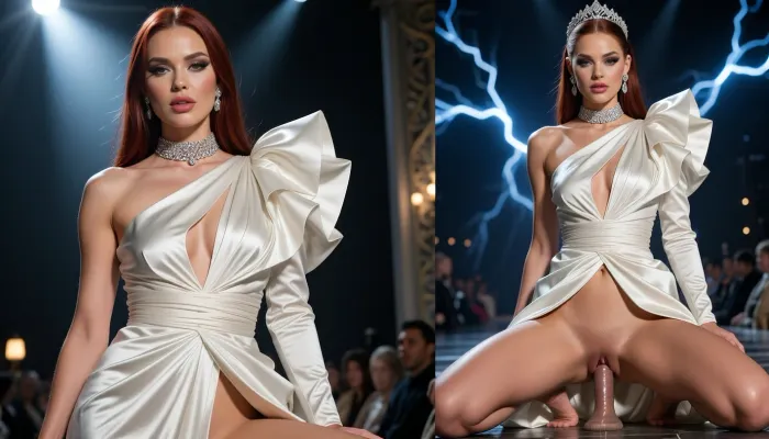 Photorealistic horizontal split-screen, left and right half completely independent.

TOP left, 8k UHD, highly detailed, sharp focus, professional cinematography, photorealistic, RAW photo, masterpiece, A cinematic wide shot of dramatic lighting, Low perspective, central composition, 85mm lens, f/1.8, highly detailed skin rendering, hyper-realistic anatomy . Subject, A the most beautiful and attractive, 26 year old, The "Queen of Perfection"• Body Type, A mathematically sculpted hourglass figure, (90-60-90), with an ultra-erect posture and theatrical pageant strides.• Race & Skin Tone, Euro-descendant with a flawless, matte porcelain makeup finish.• Face, Hyper-symmetric features with heavy contouring, dramatic false lashes, sharp arched brows, and statement lipstick.• Hair, dark copper red, incredibly long, styled in a high-shine, mirror-like straight texture. The Outfit, An architectural, ultra-structured One Shoulder Overskirt Satin Maxi Evening Dress with a corseted waist that defies anatomy. The dress features an explosive, oversized structural ruffle on one shoulder. She wears a diamond choker and a high-fashion, abstract silver ear cuff that subtly hints at a tiara. She is doing an extremely immoral position. on the stage of Miss America pageant

BOTTOM HALF, Erotic lightning, view of exactly the same young woman on the same moment, (((front view:1), sitting on knees:1), pussy in view, nude pussy, legs wide open:1), large, thick dildo penetrating pussy, dildo in side pussy