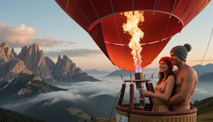 ultra photorealistic cinematic mountain photography, early morning over the Dolomites, masterpiece atmosphere, warm sunrise glow breaking through drifting mist and layered clouds, a deep crimson hot air balloon gliding just above the jagged ridgelines and rocky spires of the Dolomites, half close composition with the balloon filling a large part of the frame, the lower portion of the envelope clearly visible and the basket close enough to read the couple’s faces and clothing, the burner firing intensely, powerful hot flames shooting upward into the balloon and illuminating the inner fabric with a deep red orange glow from within, the envelope glowing richly against the cool pale morning haze, breathtaking alpine landscape stretching into the distance, dramatic peaks, fog banks in the valleys, rolling cloud layers, subtle golden sunrise light touching the mountain edges, inside the basket an adult couple, woman 30 years old, man 32 years old, standing in a close intimate embrace, one of them operating the burner together while they enjoy the spectacular view, both nude with just, knitted pom pom beanies, happy relaxed faces, visible smiles, warm affectionate expression, natural body language, detailed eyes, cheeks, lips and subtle emotion clearly readable, realistic skin texture, crisp hair strands peeking from under the hats, basket wicker texture highly detailed, metal burner frame and cables rendered accurately, strong contrast between the cool misty morning world outside and the fiery warm interior glow of the balloon, cinematic depth, rich atmosphere, fine local microcontrast, subtle natural lens compression, 70 mm full frame photography, eye level to slightly elevated perspective, tack sharp focus on the couple and basket, majestic Dolomite panorama still clearly legible behind them, slight atmospheric haze softening the far distance, raw natural realism, no fantasy look, no artificial polish, premium travel editorial quality, awe inspiring romantic adventure mood