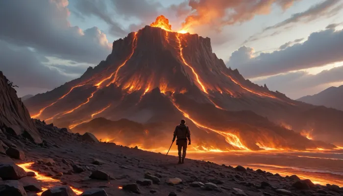 An erupting, irregularly shaped volcano in a major city. It spews glowing lava and clouds of black and grey smoke. Lava is hurled kilometres away from the volcanic crater. The smoke rises kilometres into the air. Lava flows cascade down the slopes of the volcano, incinerating everything in their path. Many buildings and roads have already been destroyed by the volcano or are on fire.