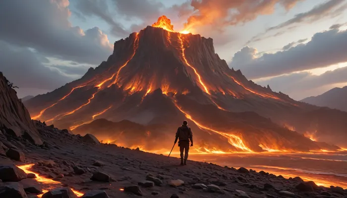 An erupting, irregularly shaped volcano in a major city. It spews glowing lava and clouds of black and grey smoke. Lava is hurled kilometres away from the volcanic crater. The smoke rises kilometres into the air. Lava flows cascade down the slopes of the volcano, incinerating everything in their path. Many buildings and roads have already been destroyed by the volcano or are on fire.