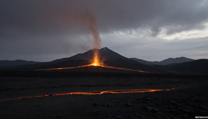 An erupting, irregularly shaped volcano in a major city. It spews glowing lava and clouds of black and grey smoke. Lava is hurled kilometres away from the volcanic crater. The smoke rises kilometres into the air. Lava flows cascade down the slopes of the volcano, incinerating everything in their path. Many buildings and roads have already been destroyed by the volcano or are on fire.