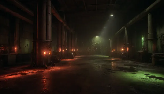 ((picture of a very big, dark and steamy Bio-Research facility, dark red lighting, a horrible scene, flickering control panels and old computers under flickering fluorescent lights, dirt and trash laying allaround, in the background three wrecked big turbines, rusty and leaking broken barrells everywhere, yelloy barrells with the letters "BIOHAZARD")), ., ((toxic orange glowing liquid is leaking and dripping from old rusty pipes)), ((neon-green and orange glowing liquid spills across rusted steel beams and cracked concrete floors)), . viscous and iridescent toxic liquid with jagged puddles on the floors reflecting faint emergency lights, ((in glowing-yellow letters the words “NUCLEAR WASTE” written on the floor)), H.R. Giger’s biomechanical textures, realistic details, (cinematic dark red lighting), bloodpunkai, CPUNK, <lora:BloodPunkAIp:.8>, <lora:Cyberpunk:1.8>, <lora:dark:.5>, <lora:Cloudy_Style:.3>, <lora:steampunk_xl_v2:.8>