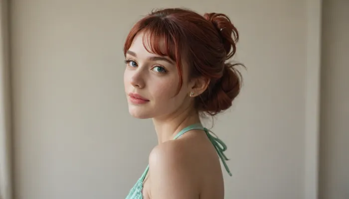 4K. Ultrarealistic, a young overwight irsh woman with red hair tied in a low, elegant bun with wispy bangs, wearing a light green satin halter dress. She turns her upper body slightly away from the camera and looks back over her shoulder with a bright, charming smile. 32 f cups. Relaxed backstage atmosphere, soft studio lighting, natural skin texture, realistic hair details, candid beauty, medium shot focused on the model, shallow depth of field, vertical composition.