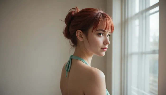 4K. Ultrarealistic, a young overwight irsh woman with red hair tied in a low, elegant bun with wispy bangs, wearing a light green satin halter dress. She turns her upper body slightly away from the camera and looks back over her shoulder with a bright, charming smile. 32 f cups. Relaxed backstage atmosphere, soft studio lighting, natural skin texture, realistic hair details, candid beauty, medium shot focused on the model, shallow depth of field, vertical composition.