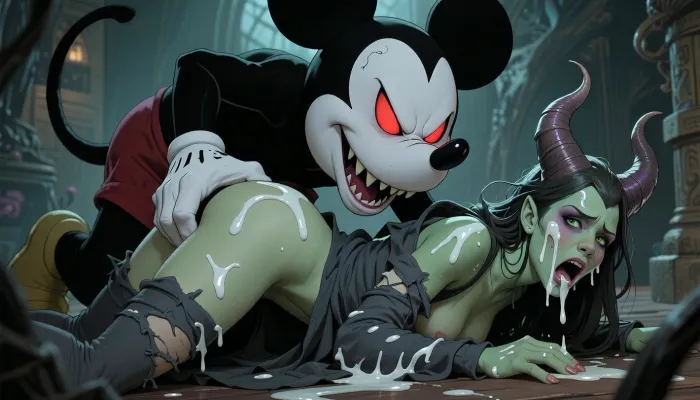 High resolution cartoon image of gigantic evil Mickey Mouse, evil grin, pale white face, red glowing eyes, brutally pinning Maleficent to the floor and fucking her ass, green grey skin, clothes ripped to shreds, cum in hair, white gooey cum on face, cum on naked tits, sobbing, covered in cum, cum in ass, brutal anal sex, rough