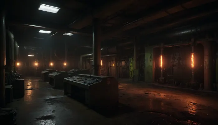 ((picture of a very big, dark and steamy Bio-Research facility, dark red lighting, a horrible scene, flickering control panels and old computers under flickering fluorescent lights, dirt and trash laying allaround, in the background three wrecked big turbines, rusty and leaking broken barrells everywhere, yelloy barrells with the letters "BIOHAZARD")), ., ((toxic orange glowing liquid is leaking and dripping from old rusty pipes)), ((neon-green and orange glowing liquid spills across rusted steel beams and cracked concrete floors)), . viscous and iridescent toxic liquid with jagged puddles on the floors reflecting faint emergency lights, ((in glowing-yellow letters the words “NUCLEAR WASTE” written on the floor)), H.R. Giger’s biomechanical textures, realistic details, (cinematic dark red lighting), bloodpunkai, CPUNK, <lora:BloodPunkAIp:.8>, <lora:Cyberpunk:1.8>, <lora:dark:.3>, <lora:Cloudy_Style:.3>