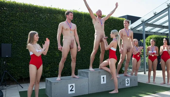 A realistic outdoor shot captures a nudist awards ceremony taking place on a paved terrace beside a tall green hedge in bright afternoon light. Three naked men with erect penises stand on a stepped arrangement of gray concrete podium blocks, the central figure, a man with an erect penis with his arms raised in the air in a victory pose, stands on the highest block on the left, a second naked man with an erect penis stands with arms hanging loosely at his sides, standson the second-largest left block, and a third naked man with an erect penis stands arms hanging loosely at his sides, stands on a lower, separate block to the right. All three wear medals on ribbons around their necks. In front of the highest block stands a woman in a red swimsuit with a white decorative stripe, her body is turned in profile toward the podium, she is grasps the man's penis, and her light-colored hair is tied back. A second woman, wearing a matching red-and-white swimsuit, stands on the ground to the left of center, facing the podium, and claps with raised hands. Other women have gathered around the base and sides of the podium, some are clapping, while others watch the ceremony, all the women wear matching red swimsuits and smile appreciatively.

Behind the podium in the background, a tall, dense green hedge rises in front of a partially visible dark building and the bright sky, to the right, an open glass-and-metal structure with a sloped, transparent roof covers part of the terrace. The ground is covered by a dark green mat laid over light gray paving stones. Bright, natural daylight streams in from the upper left, casting soft shadows to the right and imbuing the skin and red swimsuits with warm, saturated tones, lending the shot casual, documentary feel. The composition is a wide, eye-level group shot in landscape format, with the platform positioned slightly to the left of center, a shallow-to-moderate depth of field keeps the entire scene largely in focus, while the contrast in the highlights appears somewhat flat, and the warm daylight color grading is typical of amateur outdoor event photography.