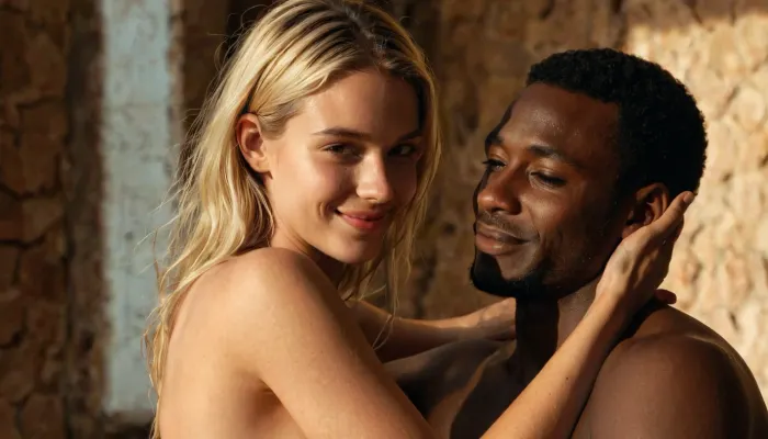 Uber realistic, perfect illumination, (best shadow), 8K, UHD, sharp image, (best illumination), best quality, ultra-detailed, fine detail, highres, 8k wallpaper, masterpiece, high definition, pale young slim nude 18 year old blonde girl smiling and hugging a naked african man