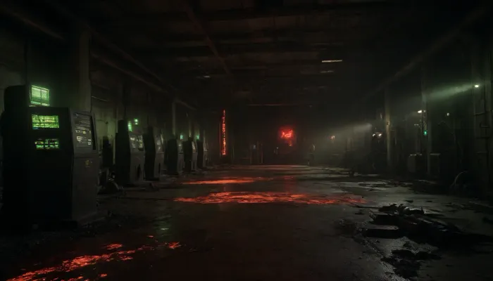 ((picture of a very big, dark and steamy Bio-Research facility, dark red lighting, a horrible scene, flickering control panels and old computers under flickering fluorescent lights, dirt and trash laying allaround, in the background three wrecked big turbines, rusty and leaking broken barrells everywhere, yelloy barrells with the letters "BIOHAZARD")), ., ((toxic orange glowing liquid is leaking and dripping from old rusty pipes)), ((neon-green and orange glowing liquid spills across rusted steel beams and cracked concrete floors)), . viscous and iridescent toxic liquid with jagged puddles on the floors reflecting faint emergency lights, ((in glowing-yellow letters the words “NUCLEAR WASTE” written on the floor)), H.R. Giger’s biomechanical textures, realistic details, (cinematic dark red lighting), bloodpunkai, CPUNK, <lora:BloodPunkAIp:.8>, <lora:Cyberpunk:1.8>, <lora:dark:.5>, <lora:Cloudy_Style:.3>