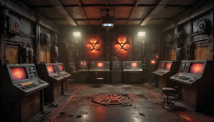 ((picture of a dark and steamy controlroom in a derelict nuclear facility, dark red lighting, horroble scene, flickering control panels and old computers under flickering fluorescent lights, dirt and trash laying allaround, rusty and leaking broken barrels, yelloy barrels with the letters "BIOHAZARD")), ., ((toxic orange glowing liquid is leaking and dripping from old rusty pipes)), ((neon-green and orange glowing liquid spills across rusted steel beams and cracked concrete floors)), . viscous and iridescent toxic liquid with jagged puddles on the floors reflecting faint emergency lights, ((in glowing-yellow letters the words “NUCLEAR WASTE” written on the floor)), H.R. Giger’s biomechanical textures, realistic details, (cinematic dark red lighting), bloodpunkai, EdobHorrorLandscape, ChaosMarineStyleAI, <lora:BloodPunkAIp:1.4>, <lora:EdobHorrorLandscape_XL_v1.0:1>, <lora:ChaosMarineStyleAIp:.5>