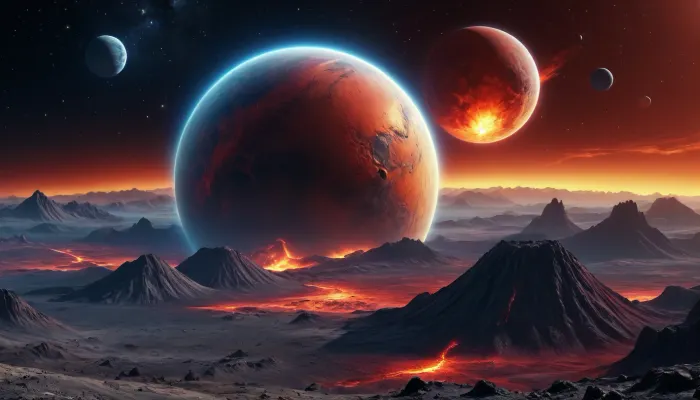 fullcolor image, 8K quality, blue sparkling gas giant satellite planet, red moon, yellow alien strange landscape, firey volcanoes, small blue moons