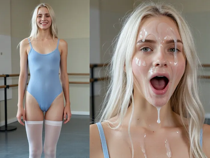 (side-by-side, two full body shot pictures, of the same 6 foot 2 inch tall and 35kg extreme skinny anorexic Norwegian 27yo adult ballet dancer with small tits, long skinny legs, narrow hips, thigh gap, long slim legs, with long whiteblonde hair and tall narrow nose and narrow long face, moles:1.2), BREAK, in the left picture she looks shy and laughing happy, dressed in light blue ballet body suit and white tights, (right picture her face and forehead and hair is completely covered in excessive amounts of realistic semi-transparent cum, an excessive amount of cum is on her face and in her mouth and in her hair, cum is dripping down on her nude chest, cum dripping from nose and chin, cum in hair, cum in eyes), her eyes are open wide, but filled with sticky cum, her hair is messy, (her facial expression in the right picture is extremely horny, moaning in delight, cum is gushing from her mouth:1.2), ((The woman is the same extreme skinny tall pretty adult woman on both pictures, same pose:1.3)), Background for both pictures is ballet practice hall, extremely naturalistic an realistic