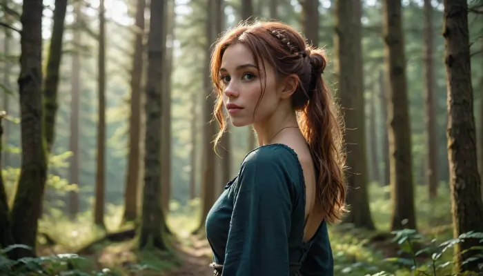 Scottish forests, Animals, no paths, no roads, dense forest, medieval setting, silhouette of a 22year-old girl in a forest thicket Anthropomorphic, sexy look, out of focus, realistic style, detailed landscape, clear focus, photorealistic quality, 8k resolution, natural environment, realistic physics, cinematic composition, masterfully drawn art, tamamo, \, <lora:SDXL_BetterFaces-LoRA_v1:.6>