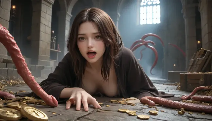 [young female adventurer 25 years old opening a living wooden treasure chest that is a monster, terrified expression, eyes wide open, mouth open in a scream, recoiling backward in shock, both hands still on the lid, leaning forward mid-flinch, leather armor, hooded cloak partly fallen back, satchel, belt with pouches, dagger at hip, brown hair with strands across face, sweat on forehead, torchlight on her face], [the mimic], rectangular wooden chest, flat hinged lid flipped wide open as a gaping maw, upper jaw is the open lid, lower jaw is the front rim, rows of long jagged yellowish fangs lining both edges, teeth of varying sizes, some broken, glistening saliva strands between rows, thick muscular purple tongue lolling far out of the opening, curling downward over the front panel, wet textured tongue dripping drool, [multiple fleshy writhing tentacles bursting from beneath the chest, from the seams of the sides and back, tentacles with small round suction cups, slick with dark slime, curling and reaching toward the woman, some gripping the stone floor], the top of the open lid densely covered with dozens of malevolent staring eyes of many sizes, each with a slit vertical pupil and bloodshot yellow sclera, wet glossy surface, some half-lidded, some wide open, all staring at the woman, chest body made of weathered dark oak planks with visible grain and cracks, bound by rusted iron bands, corroded metal corner brackets, old iron lock on the front panel, wood transitioning into wet organic flesh at the seams, [environment], dark underground dungeon, mossy stone walls, scattered gold coins, jewels and old bones on the floor, dim flickering torchlight, deep shadows, volumetric dust, faint greenish glow from the eyes, fog near the floor, [style], dark fantasy horror illustration, hyperrealistic, cinematic dramatic lighting, high contrast, dynamic action shot, D&D Monster Manual art, concept art, 8k, ultra detailed, sharp focus