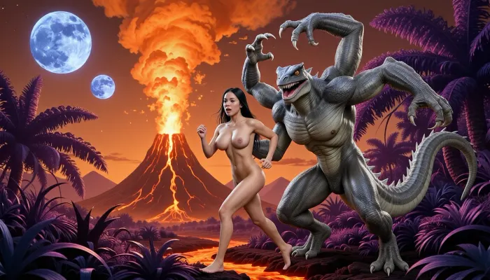 Another planet, orange-and-purple jungles, two blue full moons of different sizes, a volcanic eruption, a beautiful, busty Asian woman running, pursued by a huge, four-armed, reptile-like monster with gray skin