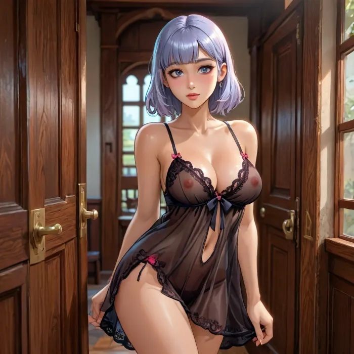 noelle from genshin impact dross style reiq, (high resolution), Noelle from Genshin Impact, mid 30s, fair skin, slender, narrow face, freckles, tattoos, large breasts, erect nipples, transparent black lace babydoll, cleavage, no bra, slightly bending forward, view down her shirt, <lora:add-detail-xl:1.2>, <lora:attractive_notrigger:1.2>, <lora:detailed_notrigger:1.2>, <lora:LCMTurboMix_Euler_A_fix:1.2>