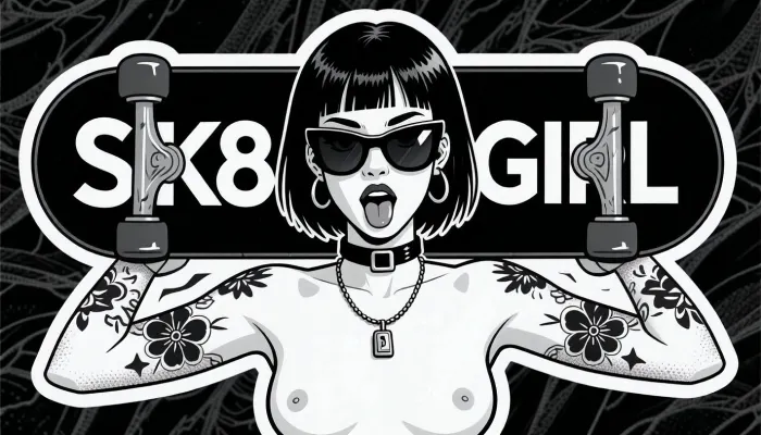 pure monochrome sticker illustration, high resolution black and white tattoo flash inspired graphic art, clean vector like linework, crisp inked contours, bold simplified shapes, dense solid black fills, subtle gray stippling and controlled cross hatching, screen printed sticker aesthetic, authentic die cut sticker appearance, strong graphic stylization, flat illustrative rendering, high contrast black gray and white palette, the typography is a priority element, on the left half of the board, "SK8", on the right half of the board, "GIRL", both inscriptions are separate typographic elements placed directly on the black underside of the board, SK8 must remain one compact uninterrupted three character alphanumeric logo, S followed immediately by K followed immediately by 8, all three characters on one horizontal baseline, tightly grouped, large, bold, crisp, white, and clearly readable, GIRL must remain one compact uninterrupted four letter wordmark on the right side, matching SK8 in typeface, weight, height, and visual presence, the trucks stay near the far outer ends and may overlap the typography only minimally while every character remains legible, adult nude woman, 25 years old, stylized punk board girl shown from approximately the waist upward, bold symmetrical frontal composition, perfectly centered, short straight jet black bob haircut ending around jaw length, heavy blunt fringe across the forehead, glossy graphic hair highlights, large oversized black sunglasses covering most of the upper face, thick shiny lenses with small white reflections, head tilted slightly backward, mouth open in a rebellious playful expression, full outlined lips, visible tongue, large circular hoop earrings, black choker with a small rectangular buckle, simple chain necklace with a small rectangular padlock pendant, small firm upturned breasts with long prominent nipples, exaggerated comic pinup proportions, both arms raised outward and upward while holding the board horizontally behind her head and shoulders, hands gripping the board close to both outer ends, board viewed from below with trucks and wheels clearly visible, simplified but recognizable hardware, several tattoo motifs across both forearms and upper arms, bold flowers, tiny symbols, decorative flash style elements, crisp black outlines around the full silhouette, broad white die cut sticker border surrounding the woman and the board, thin black outer contour, isolated physical sticker resting on dark wrinkled textured fabric, authentic printed surface, slightly distressed ink texture, gently uneven die cut edge, visually very close to classic underground skate sticker art and black ink pinup flash illustration