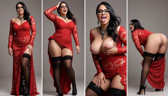 view from far below, (solo, black hair, Indian milf, (obese:1), perfect fat legs, long elaborate red lace dress, very made up, black nylons, black jewelry, glaasses, stilettos, fun), (evolving scenes in different panels, in the first panel she is standing she stands quietly and shyly fully dressed, in the second panel she is laughing and throwing her head back while showing legs and smiling lasciviously, in the third panel she is putting her saggy voluptuous breast with open mouth and tongue out far, in the last panel she bending forward showing hearty ass and perfect huge rearpussy), low saturation background