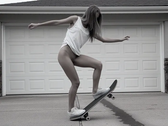 ultra photorealistic black and white action photography, adult woman, 24 years old, slim naturally athletic build, dynamic candid suburban skate moment, medium full body shot, she is balancing on a skateboard in a driveway directly in front of a closed double garage door, both arms stretched wide outward for balance, body slightly twisted, one knee bent deeply and lifted, the other leg bearing her weight on the board, the skateboard tilted at an angle as if she is performing a small freestyle trick or unstable landing, head lowered and turned slightly to the side, long blonde hair falling forward and partly covering her face, creating a spontaneous anonymous feeling, loose sleeveless light colored tank top with a casual worn texture and faint printed lettering, the fabric pulled and draped naturally across the chest and torso by movement, very short fitted shorts, low cut white sneakers with visible laces and slightly worn soles, realistic skin texture, subtle muscle tone in the legs, natural body tension, candid imperfect posture, concrete driveway with faint surface texture and a dark seam or cable line visible in the foreground, soft overcast daylight, high contrast monochrome tonality, slightly grainy documentary look, shallow motion blur in the moving limbs and hair while the body remains readable, authentic street snapshot aesthetic, unposed energy, raw realism, no glamour polish, realistic full frame photography, 50 mm lens, natural perspective, suburban background kept simple and unobtrusive, emphasis on movement, balance, spontaneity and believable everyday skate culture atmosphere