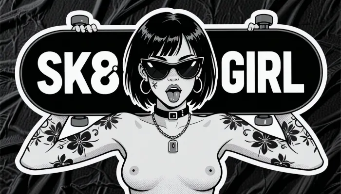 pure monochrome sticker illustration, high resolution black and white tattoo flash inspired graphic art, clean vector like linework, crisp inked contours, bold simplified shapes, dense solid black fills, subtle gray stippling and controlled cross hatching, screen printed sticker aesthetic, authentic die cut sticker appearance, strong graphic stylization, flat illustrative rendering, high contrast black gray and white palette, the typography is a priority element, on the left half of the board, "SK8", on the right half of the board, "GIRL", both inscriptions are separate typographic elements placed directly on the black underside of the board, SK8 must remain one compact uninterrupted three character alphanumeric logo, S followed immediately by K followed immediately by 8, all three characters on one horizontal baseline, tightly grouped, large, bold, crisp, white, and clearly readable, GIRL must remain one compact uninterrupted four letter wordmark on the right side, matching SK8 in typeface, weight, height, and visual presence, the trucks stay near the far outer ends and may overlap the typography only minimally while every character remains legible, adult nude woman, 25 years old, stylized punk board girl shown from approximately the waist upward, bold symmetrical frontal composition, perfectly centered, short straight jet black bob haircut ending around jaw length, heavy blunt fringe across the forehead, glossy graphic hair highlights, large oversized black sunglasses covering most of the upper face, thick shiny lenses with small white reflections, head tilted slightly backward, mouth open in a rebellious playful expression, full outlined lips, visible tongue, large circular hoop earrings, black choker with a small rectangular buckle, simple chain necklace with a small rectangular padlock pendant, small firm upturned breasts with long prominent nipples, exaggerated comic pinup proportions, both arms raised outward and upward while holding the board horizontally behind her head and shoulders, hands gripping the board close to both outer ends, board viewed from below with trucks and wheels clearly visible, simplified but recognizable hardware, several tattoo motifs across both forearms and upper arms, bold flowers, tiny symbols, decorative flash style elements, crisp black outlines around the full silhouette, broad white die cut sticker border surrounding the woman and the board, thin black outer contour, isolated physical sticker resting on dark wrinkled textured fabric, authentic printed surface, slightly distressed ink texture, gently uneven die cut edge, visually very close to classic underground skate sticker art and black ink pinup flash illustration