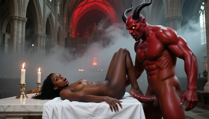 A hyper-realistic 8K DSLR photograph in landscape orientation, captured from a cinematic mid-angle. The scene is set inside the grand Gothic cathedral, now shrouded in a thick, eerie fog and illuminated by flickering torchlight and a blood-red glow from above. On the white marble altar, draped in a pristine white linen cloth, lies the beautiful young Ugandan woman with deep ebony skin. She is completely nude, her legs spread wide in a position of total vulnerability. Her soulful brown eyes are now wide with terror, and her crimson lips are parted in a silent scream of fright. Standing over her is a towering, muscular demon of a man. He has deep red, textured skin, massive curving black horns protruding from his forehead, and glowing, predatory yellow eyes. He is completely nude, showcasing a massive, powerful build and a huge, throbbing erect penis that is poised to enter her. The contrast between the demon's red skin, the woman's dark ebony skin, and the stark white of the altar cloth is visually stunning. Professional lighting with high contrast, deep shadows, and extreme anatomical detail on the skin textures of both beings.