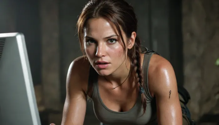 Lara Croft is at the computer playing *Tomb Raider* just for fun—Lara Croft from 2026 is playing as the older version of Lara Croft from 2008.