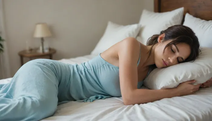 Lara Croft is sleeping in bed in her underwear, her head on the pillow, covered by a warm blanket.