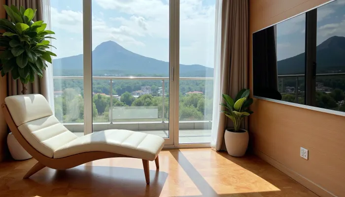 The scene is a high-rise apartment, skyscraper, large floor to ceiling windows, aged mahogany floors, a cream colored leather chaise lounge, a large Epipremnum aureum, money plant, a 75 inch TV is on the wall, a balcony, far in the distance is a mountain that is deeply forested.