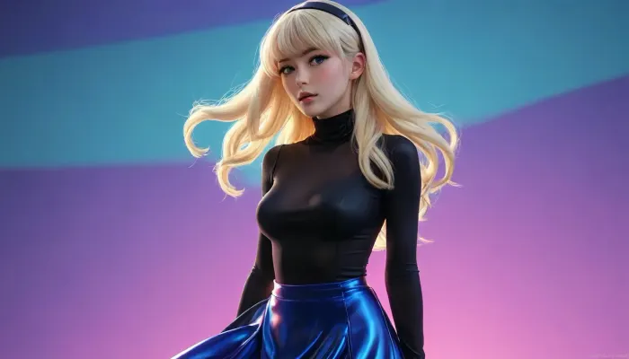 (vintage anime:2), body, mature, belle high female, walking, long flowing platinum blonde hair with a black headband, sharp profile view, tight black turtleneck, shiny blue metallic mini skirt, clean lines, bold outlines, vibrant blue and purple gradient background, dramatic sidelighting, high contrast, ultra sharp, natural beauty, /KlTTY-ART/, <lora:MJ52:.1>