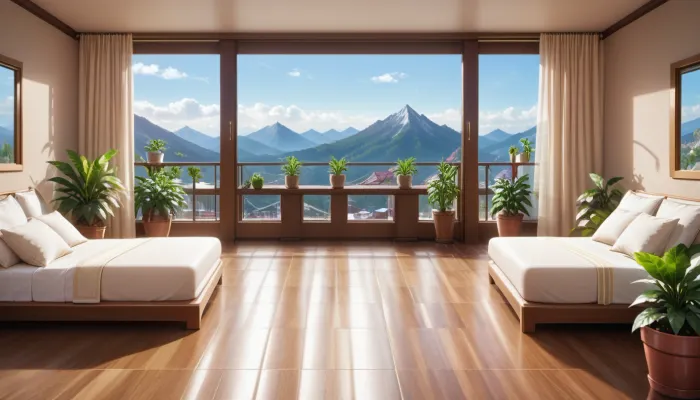 The scene is a high-rise apartment, skyscraper, large floor to ceiling windows, aged mahogany floors, a cream colored leather chaise lounge, a large Epipremnum aureum, money plant, a 75 inch TV is on the wall, a balcony, far in the distance is a mountain that is deeply forested.