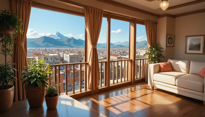 The scene is a high-rise apartment, skyscraper, large floor to ceiling windows, aged mahogany floors, a cream colored leather chaise lounge, a large Epipremnum aureum, money plant, a 75 inch TV is on the wall, a balcony, far in the distance is a mountain that is deeply forested.