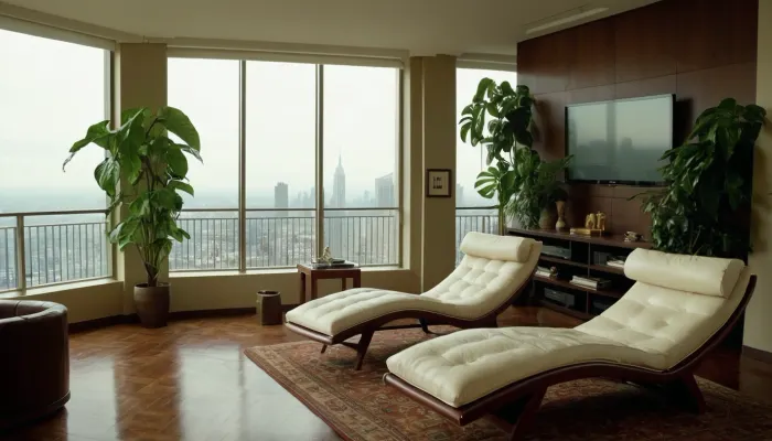 The scene is a high-rise apartment, skyscraper, large floor to ceiling windows, aged mahogany floors, a cream colored leather chaise lounge, a large Epipremnum aureum, money plant, a 75 inch TV is on the wall, a balcony.